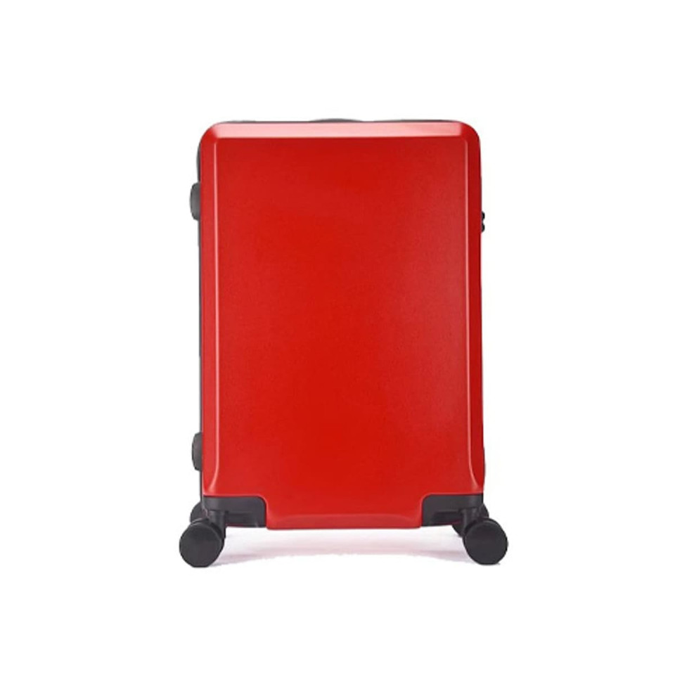 A red wheeled suitcase features a glossy finish and is equipped with dual wheels for easy mobility.