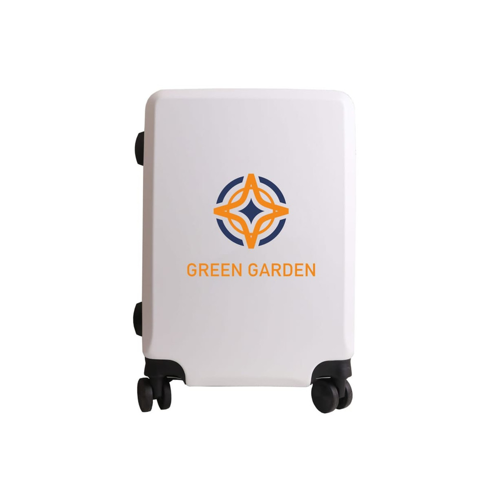 A wheeled business suitcase in white with a logo in blue and orange on the front.