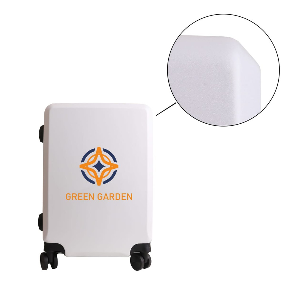 A white wheeled business suitcase with rounded corners and a logo on the front.