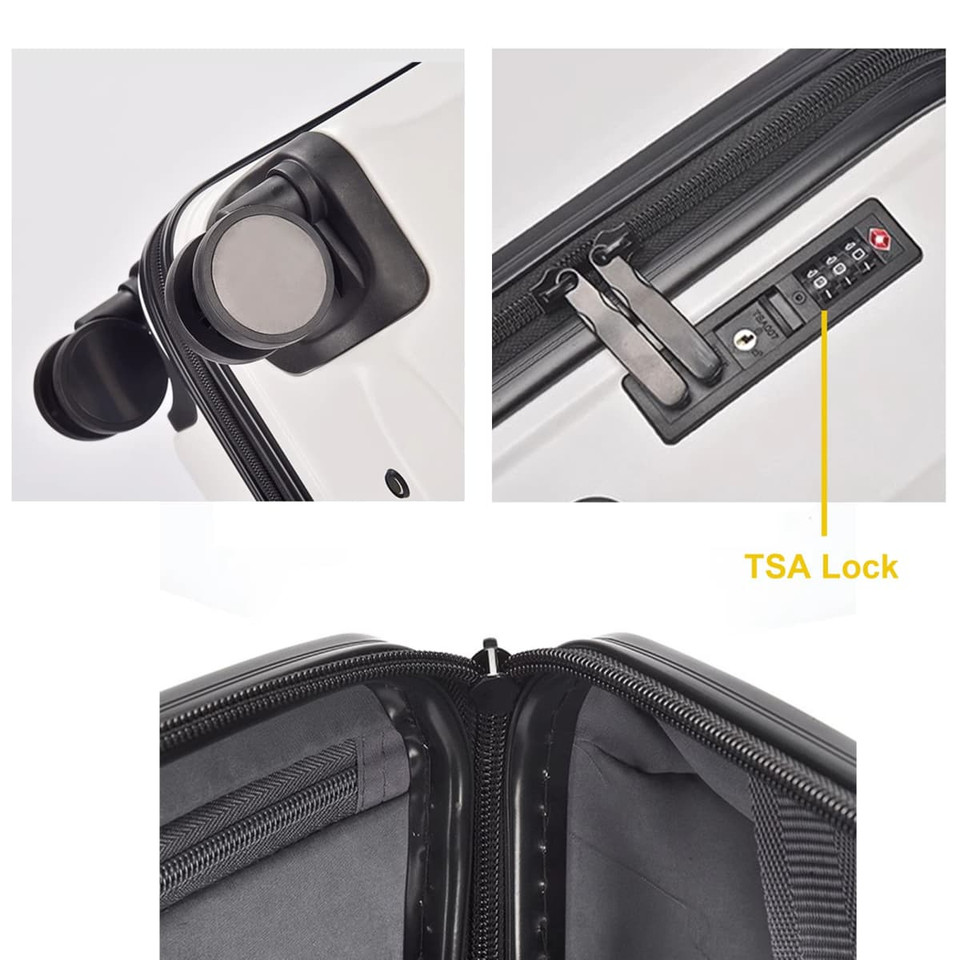 A wheeled ABS business suitcase in white, featuring a TSA lock and interior compartments for organisation.