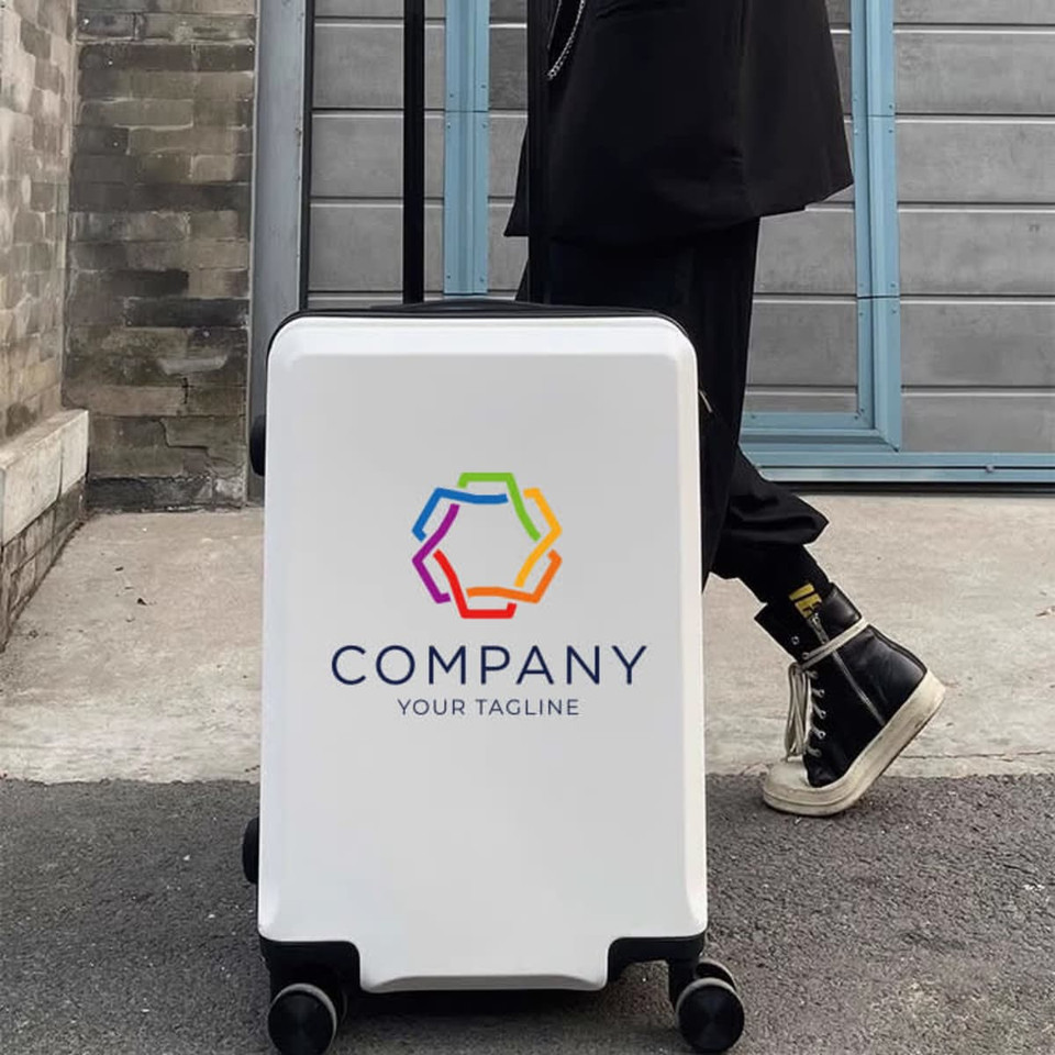 A white wheeled suitcase featuring a logo, with a handle and black wheels, set against a grey pavement.
