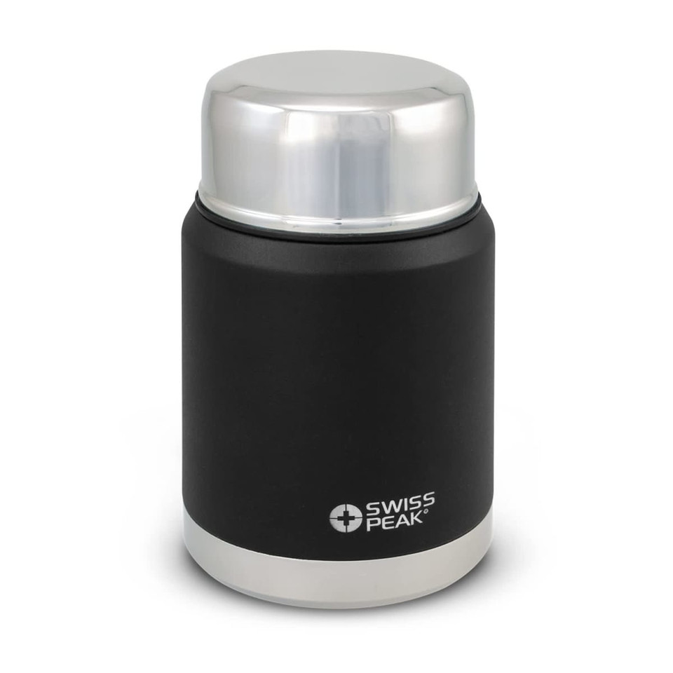A drink bottle with a black exterior and silver top, featuring a logo on the body.