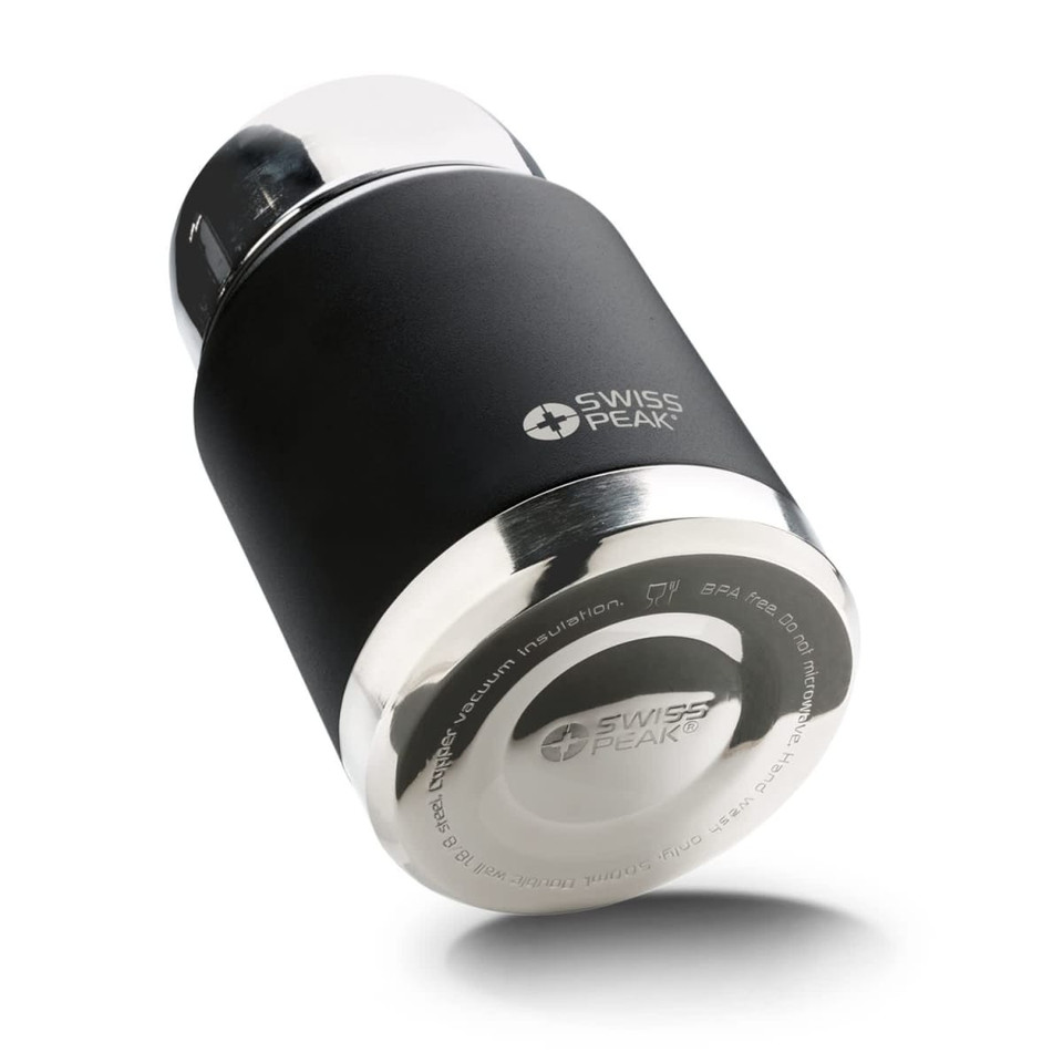 A drink bottle in matte black with a silver stainless steel top and a logo displayed on the body.