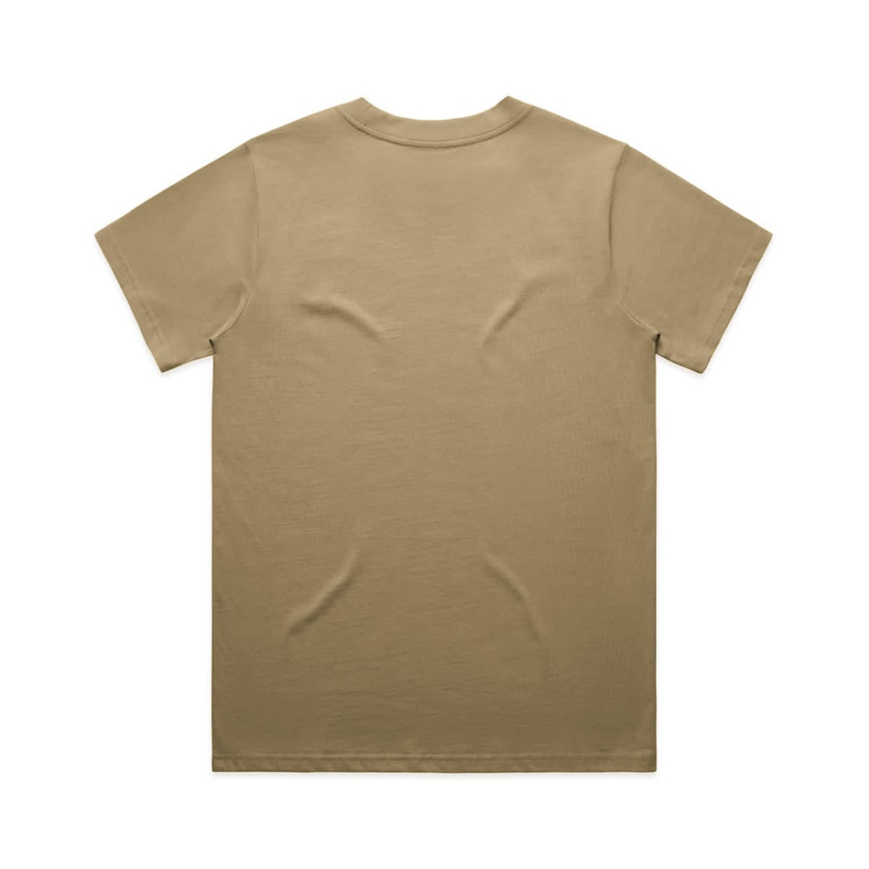 A beige T-shirt featuring a crew neck and short sleeves, with a logo present on the back.