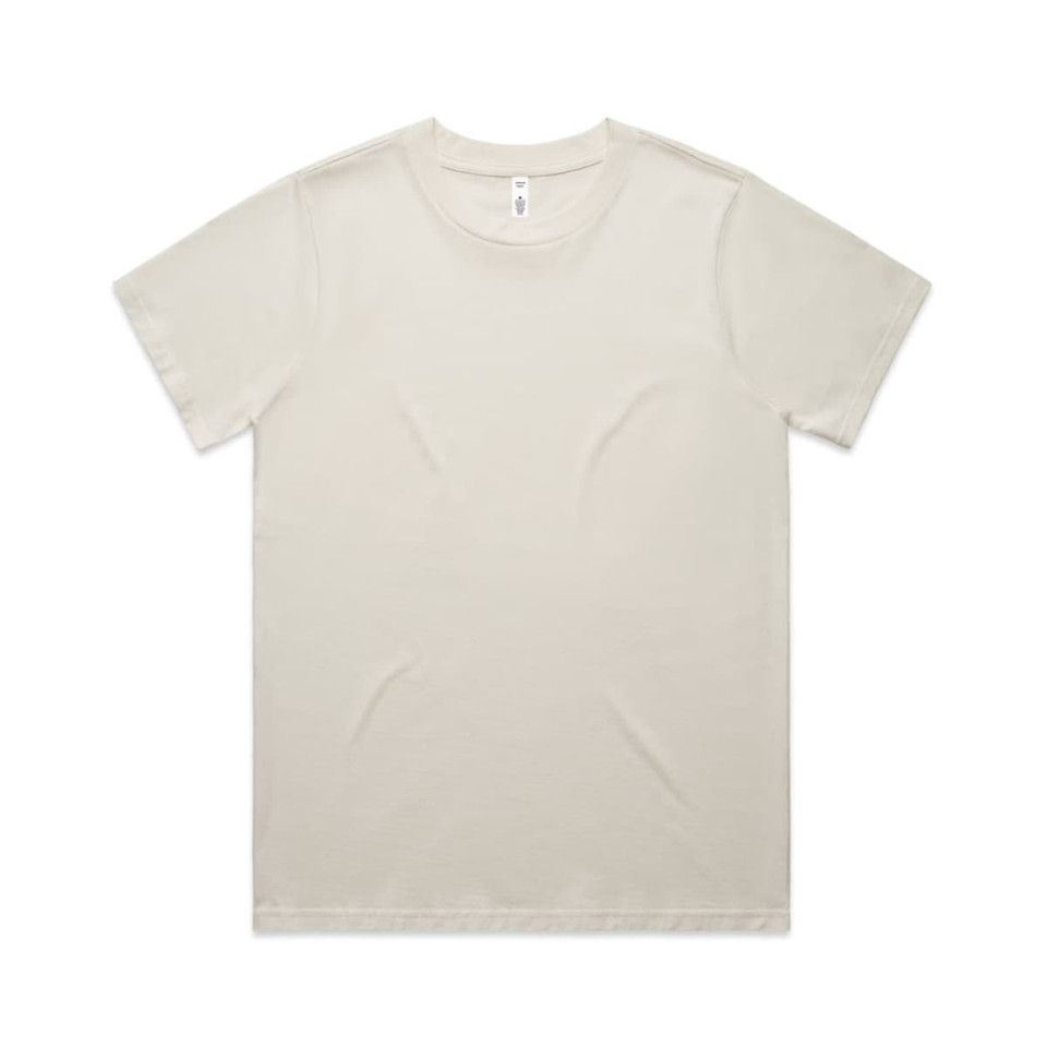 A plain cream-coloured T-shirt, short-sleeved, featuring a round neck and a logo on the label.