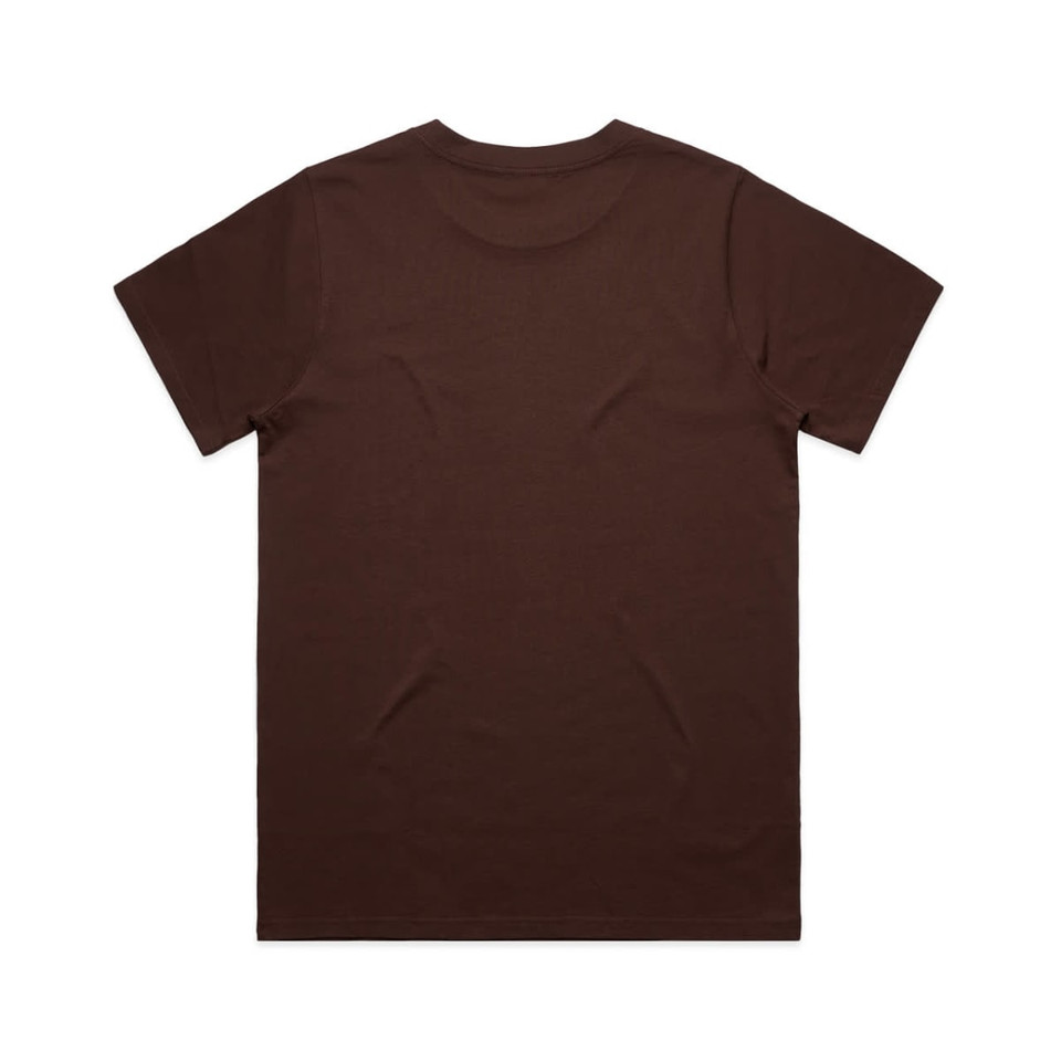 A plain brown t-shirt with a classic fit, featuring a logo on the back.