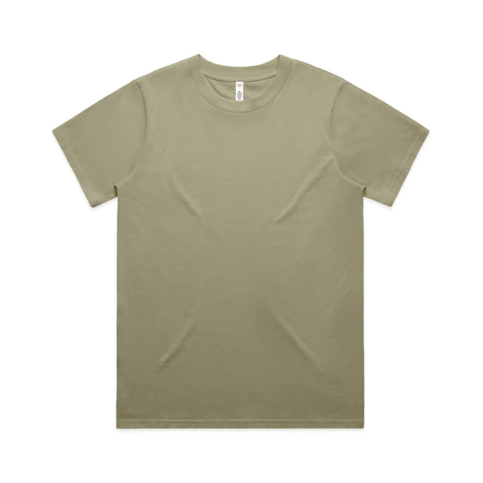 A light olive green t-shirt with a round neckline, featuring a logo on the label.