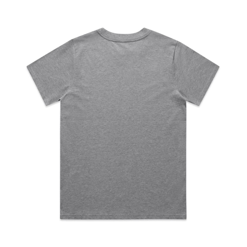 A grey t-shirt with short sleeves and a plain back, featuring a logo on the upper back.