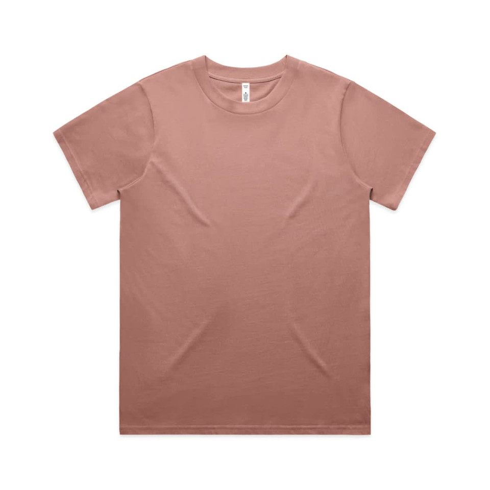 A light brown classic T-shirt with a round neckline and short sleeves, featuring a logo on the label.