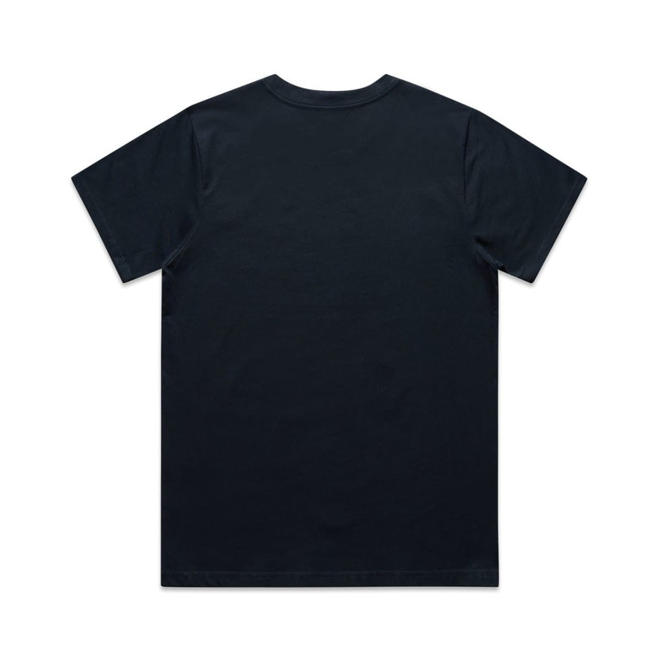 A black t-shirt featuring a simple design and a logo on the back.