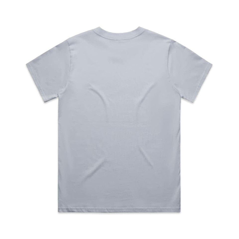 A light blue t-shirt with a simple design and a logo on the back.