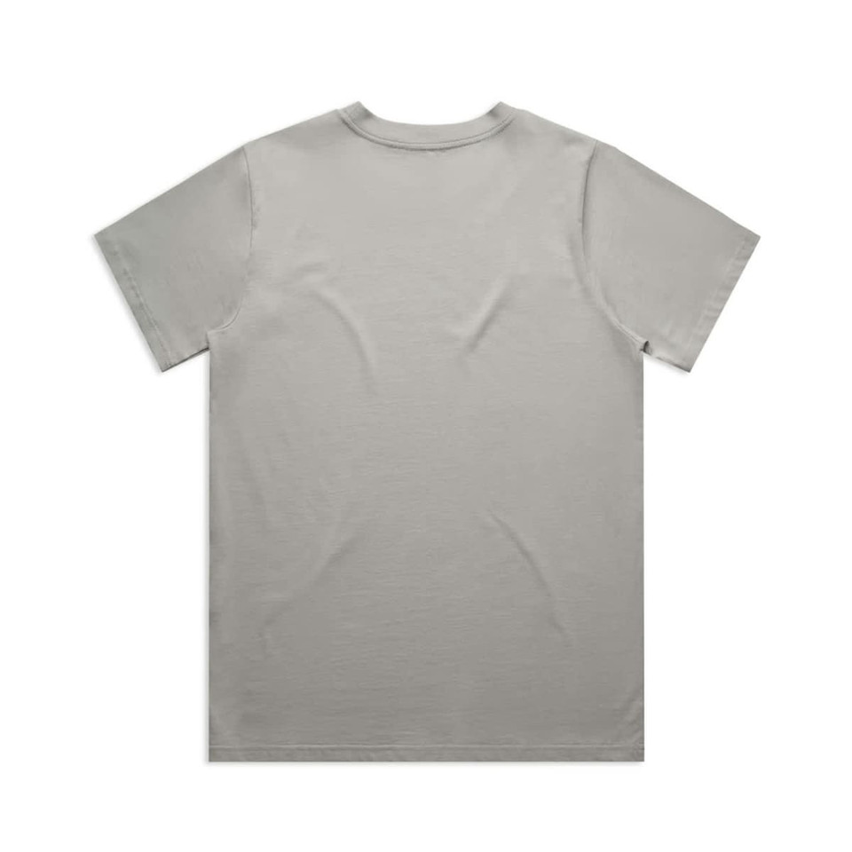 A grey classic t-shirt with short sleeves and a plain back, featuring a logo.