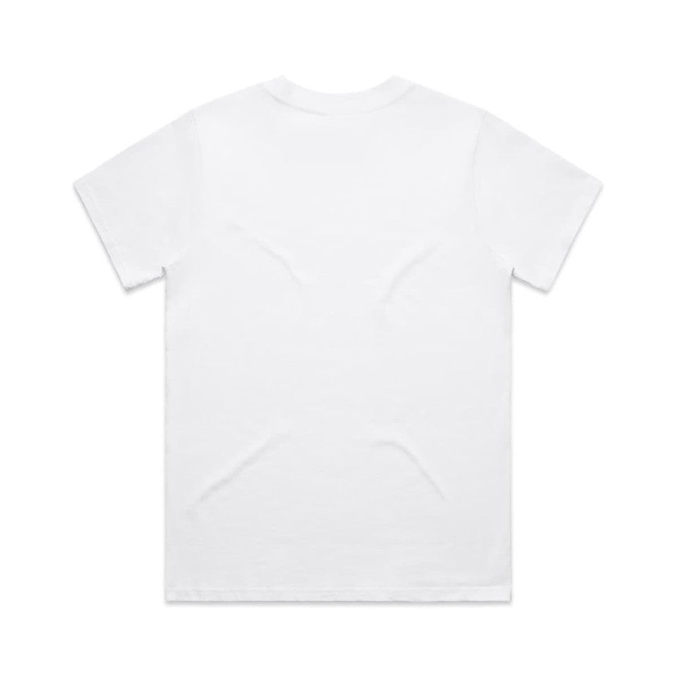 A plain white t-shirt featuring short sleeves and a simple design, with a logo present.