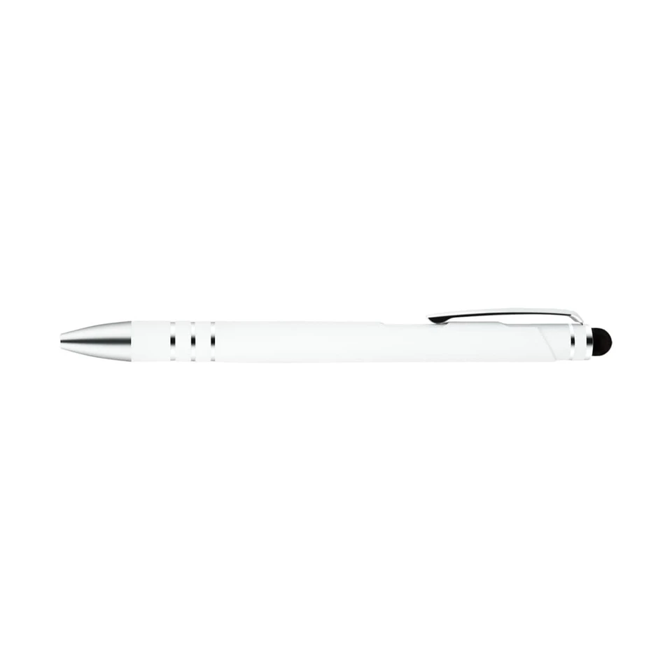 A white stylus pen with silver accents and a built-in touchscreen tip, featuring a clip for easy attachment.