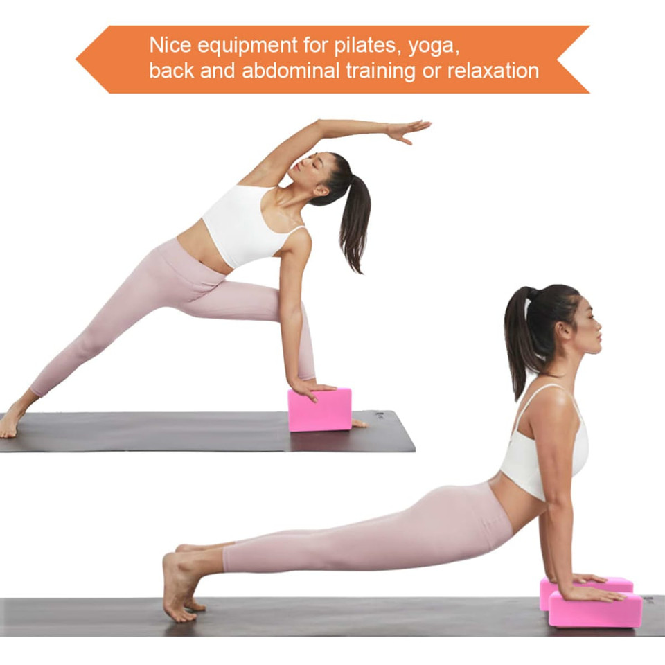 A pink EVA yoga block featured alongside a person demonstrating yoga poses on a mat.