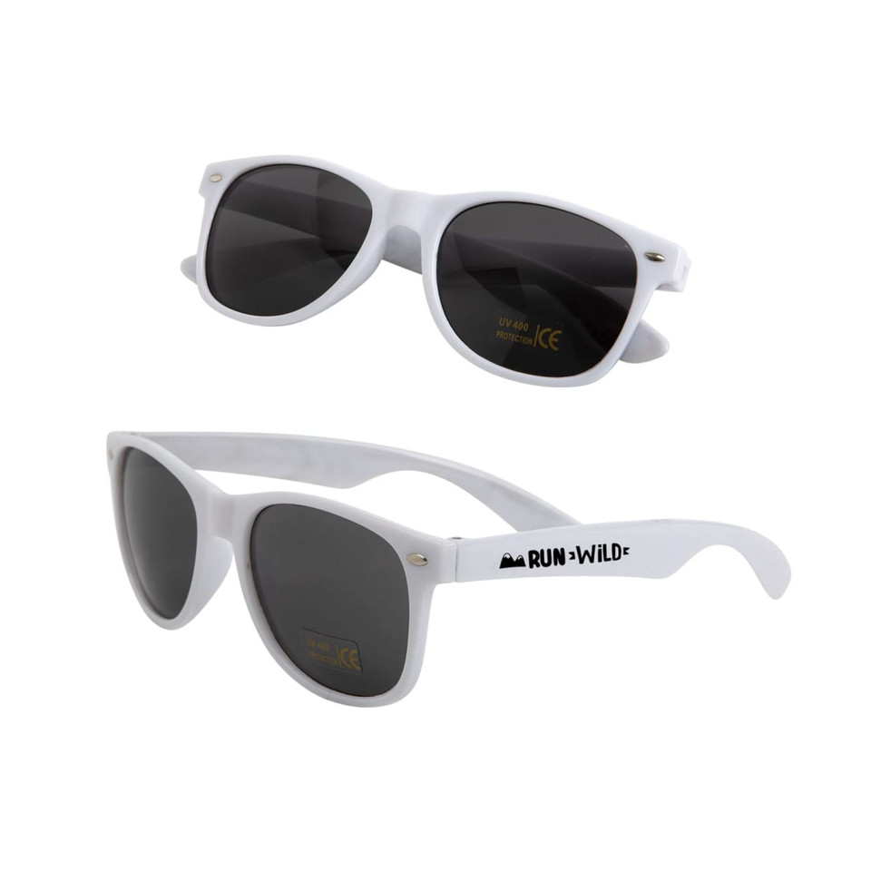 White sunglasses with dark lenses, featuring a logo on the arm, displayed from two angles.