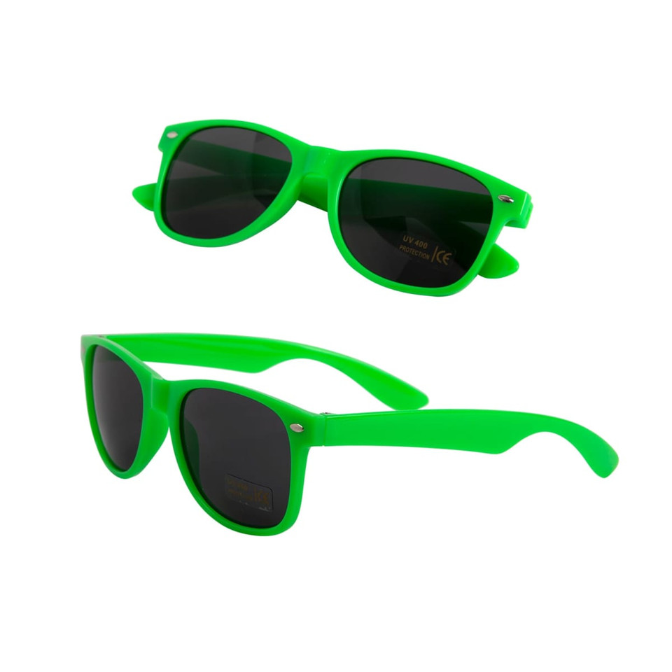 Green sunglasses with dark lenses, featuring a stylish design and a branded logo.