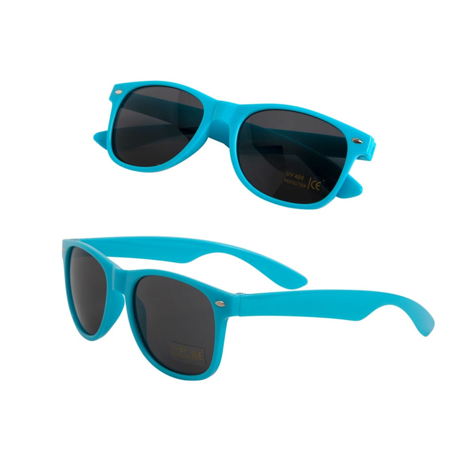 A pair of turquoise sunglasses with dark lenses, featuring a sleek design and a logo on the side.