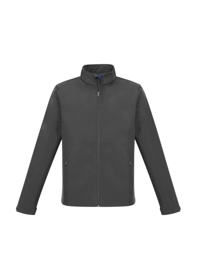 A soft shell jacket in grey with long sleeves and a high collar, featuring zippered pockets and a logo.