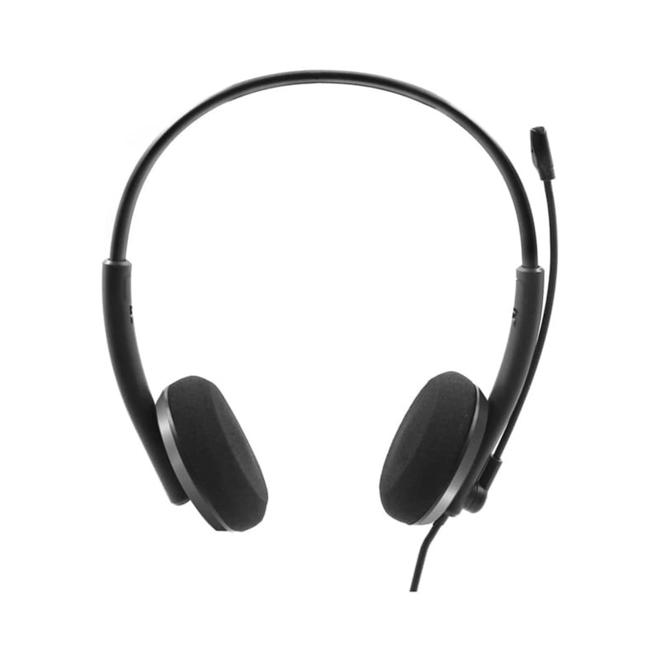 A pair of black conference headphones with a single microphone and cushioned ear pads.
