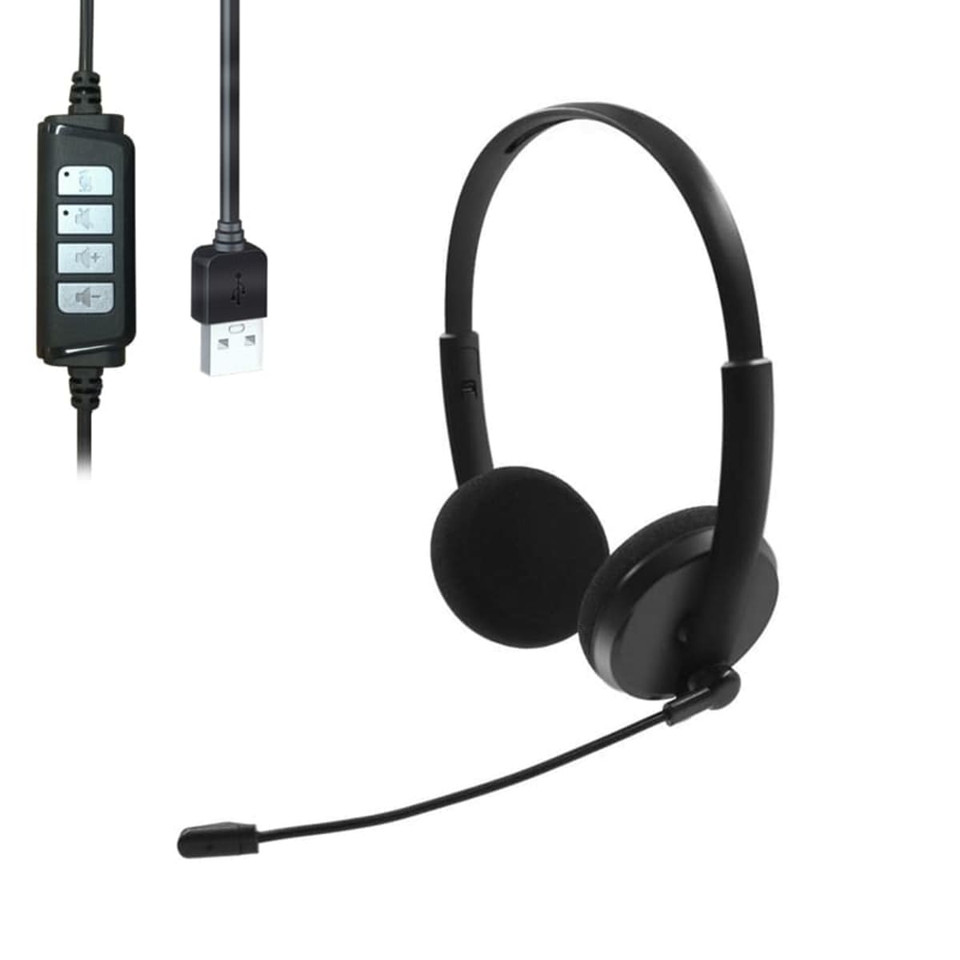A pair of black headphones with a microphone attached and a USB connection, featuring an in-line control panel.