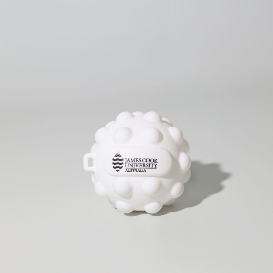 A white stress ball shaped like a spiked ball with a logo on the side.