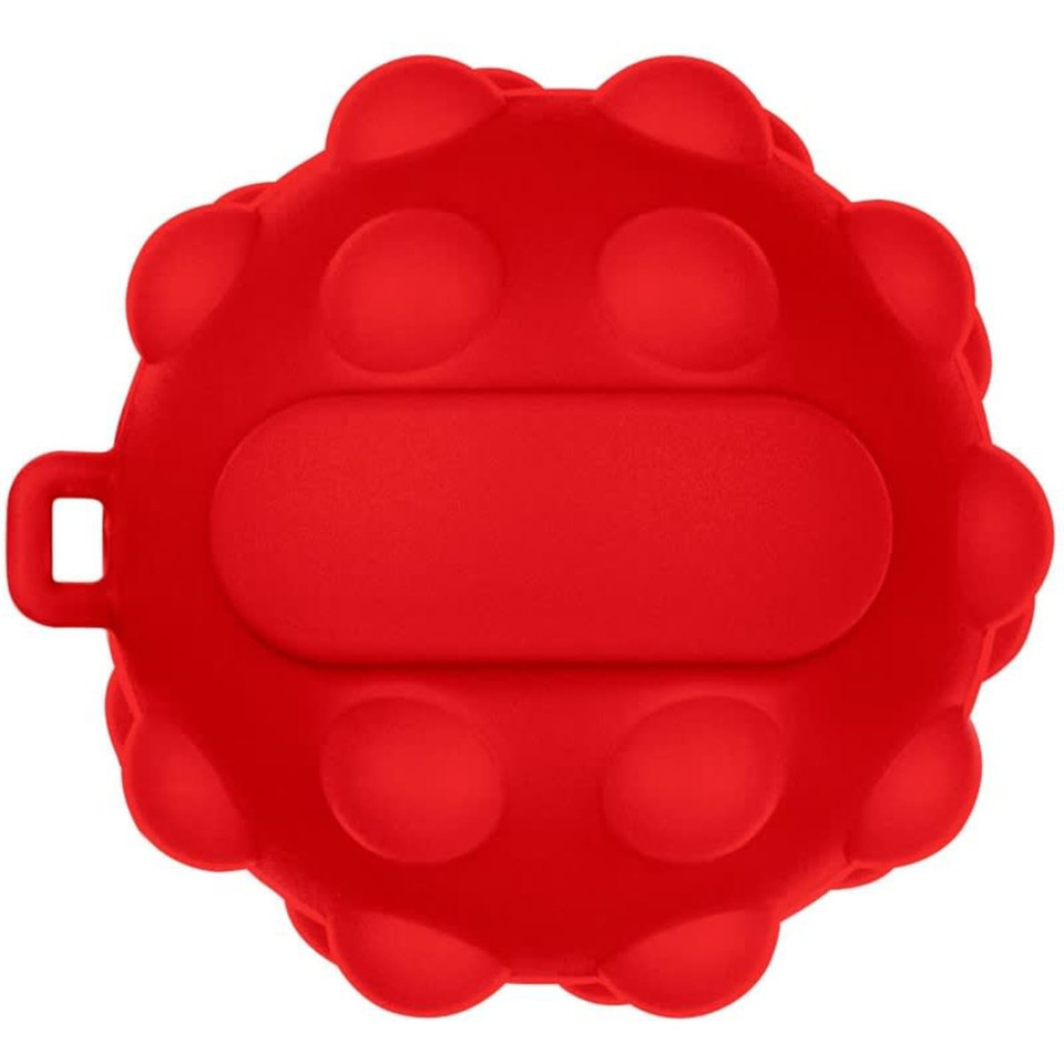 A red popper ball with a textured surface and a handle, designed for stress relief and play.