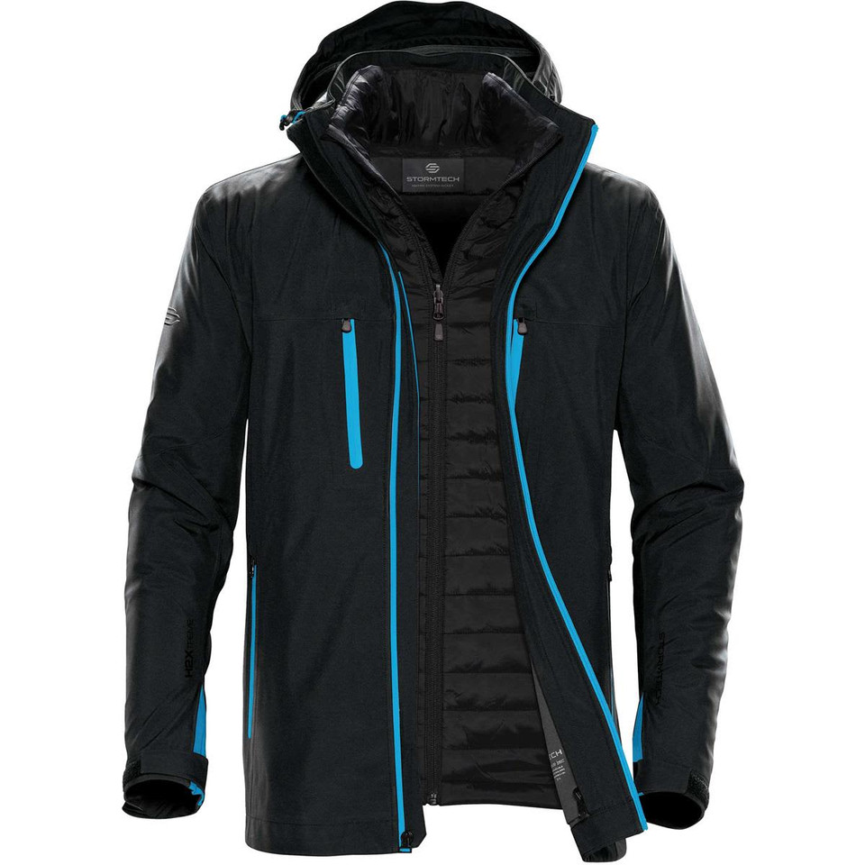 A black jacket with blue accents, featuring a zippered front, pockets, and a hood. It includes a logo.