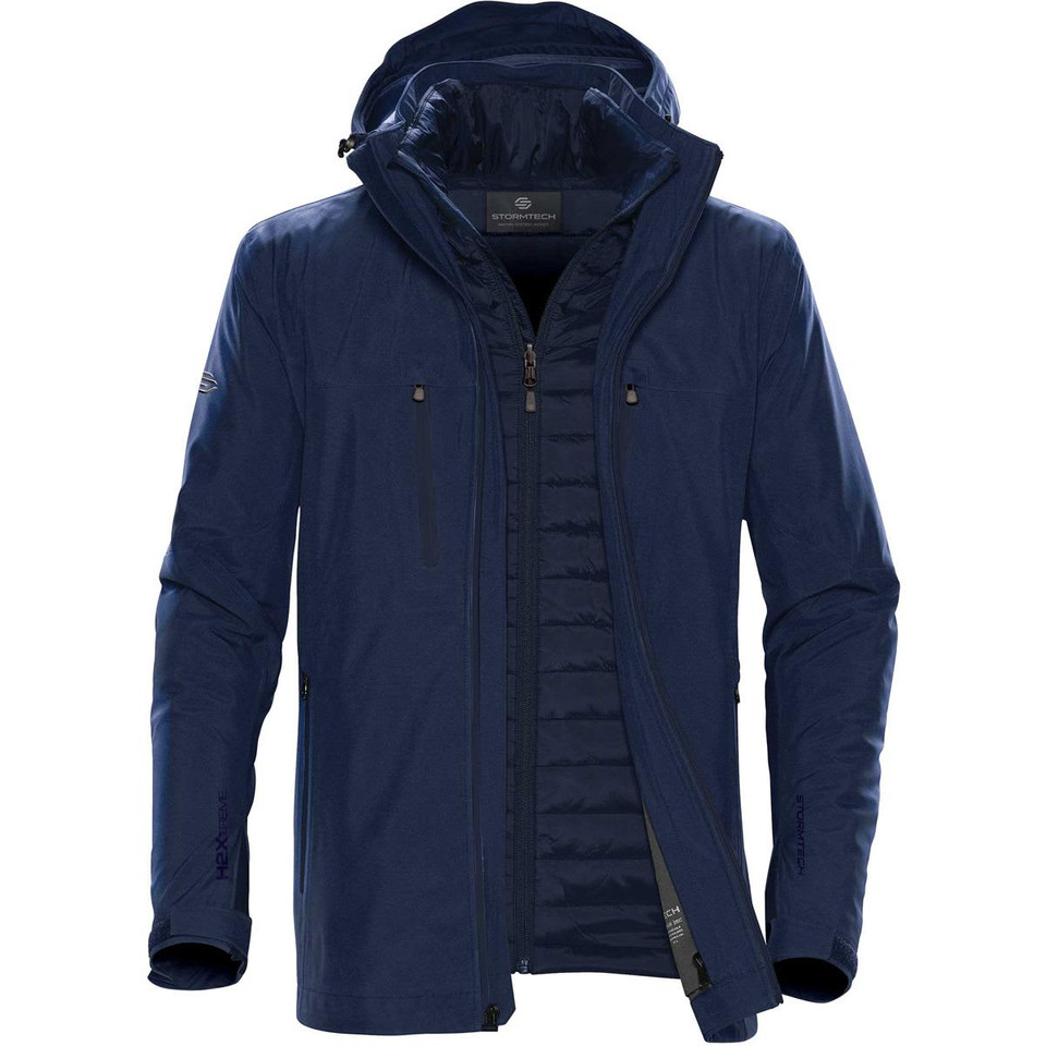 A navy Men's Matrix System Jacket with a hood and multiple zippered pockets, featuring a logo on the sleeve.