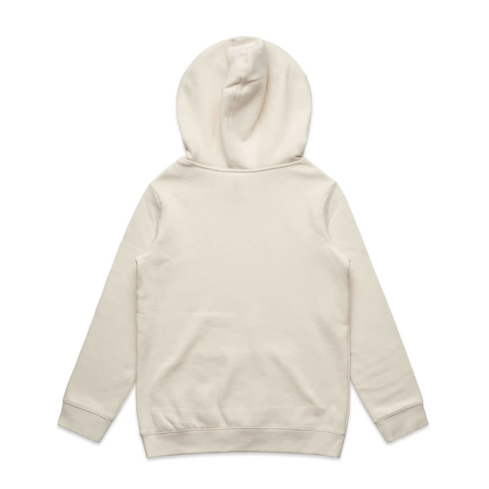 A light beige hoodie featuring a large hood and long sleeves. The back is plain with no visible branding.