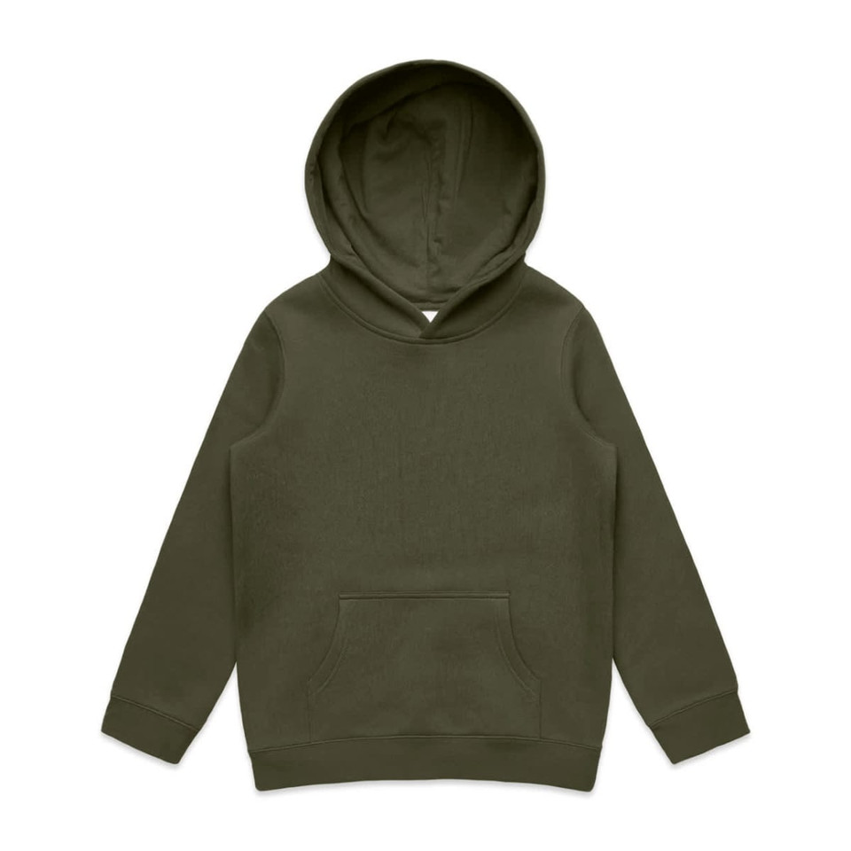 A green hoodie featuring a front pocket and a hood, designed for kids. It has a logo on the label.