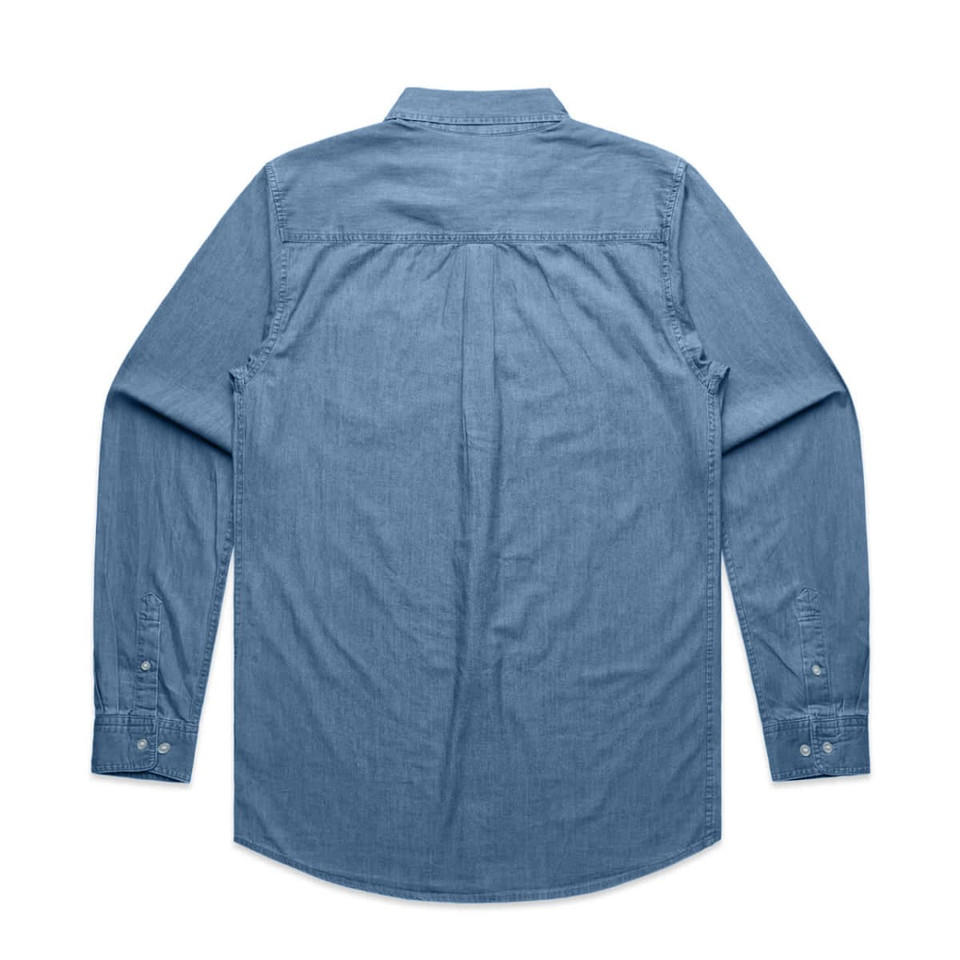 A blue denim button-up shirt with long sleeves and a back yoke detail. Features a logo on the label.
