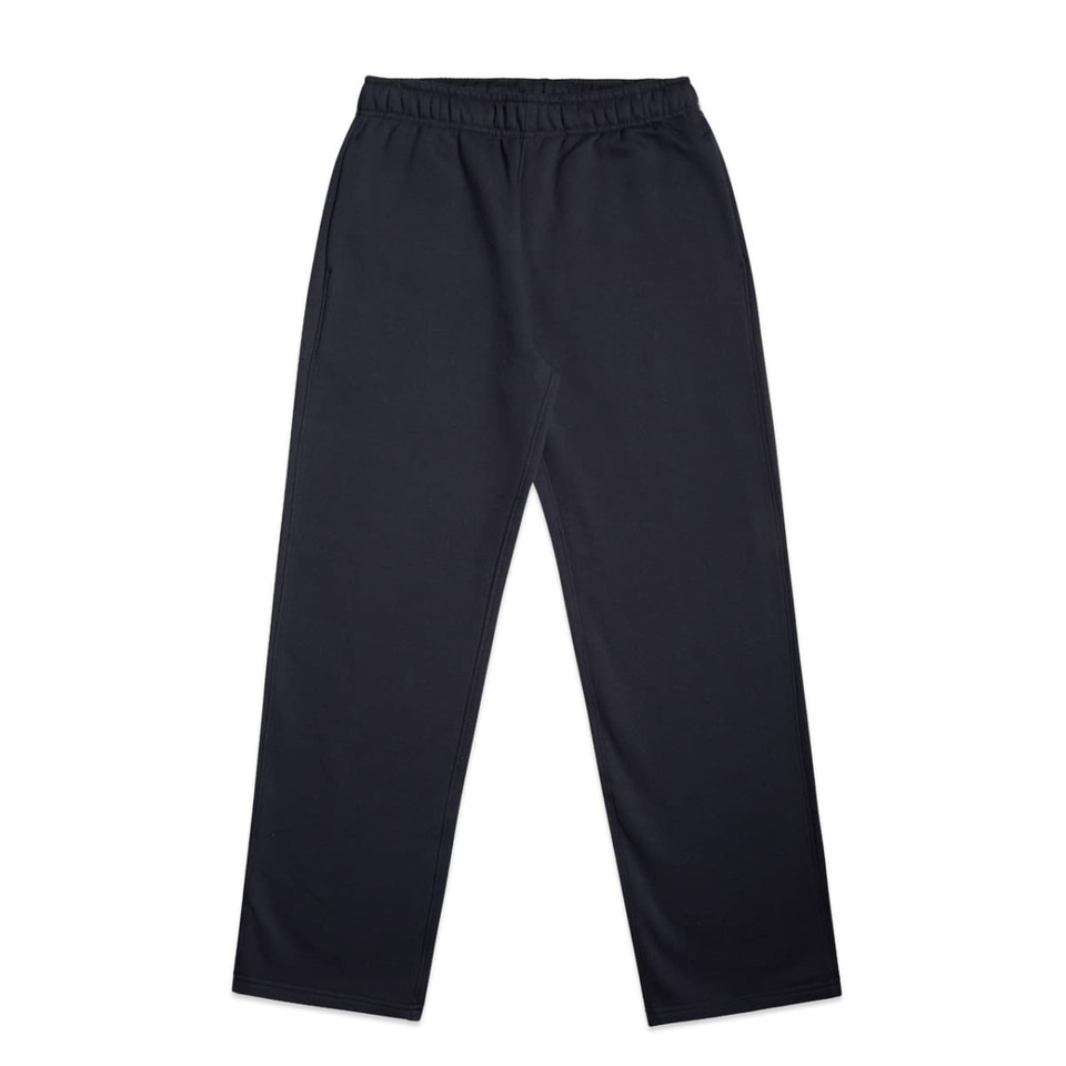 Cuffless track pants in dark navy, featuring an elastic waistband and side pockets. Includes a logo.
