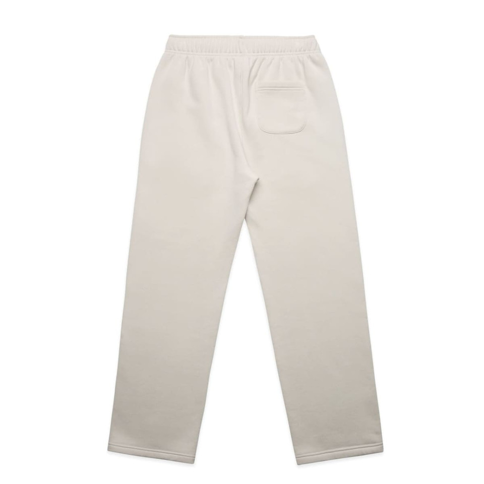 A pair of cream, cuffless track pants featuring an elastic waistband and a single back pocket.