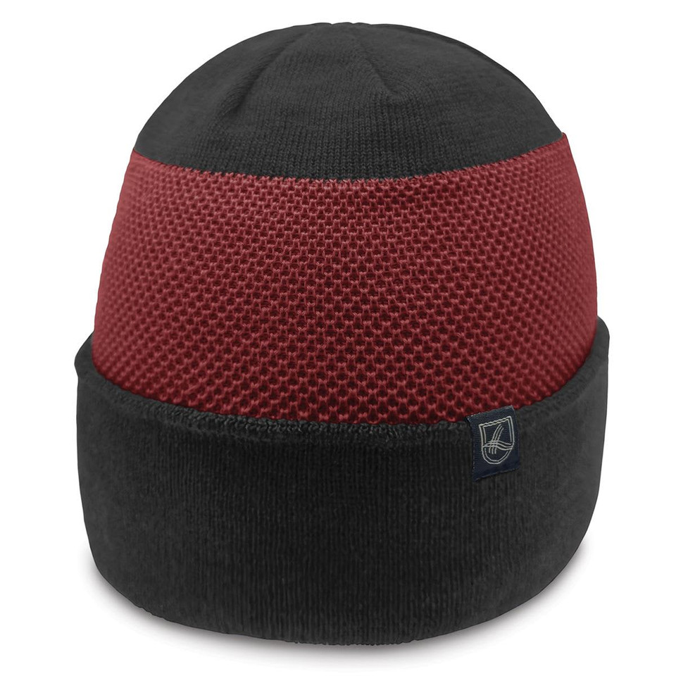 A black and red beanie with a textured top and a fold-over cuff, featuring a small logo.
