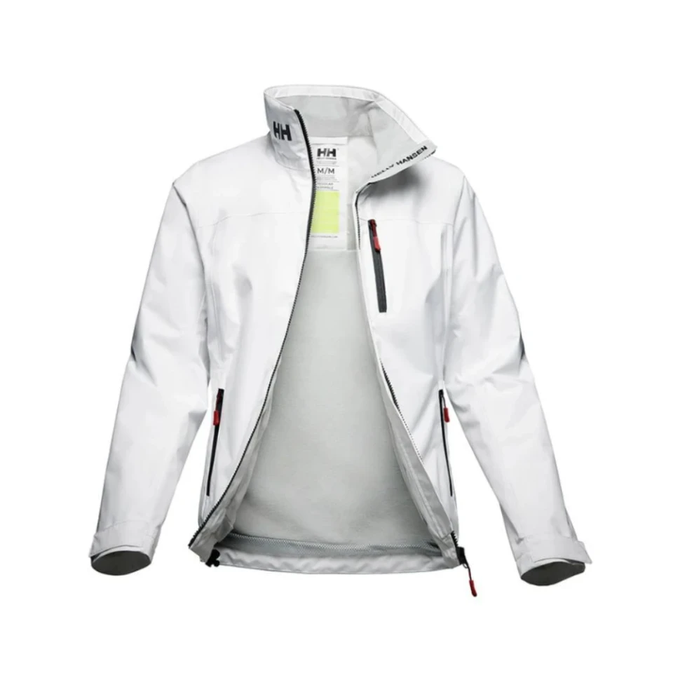 Interior product view of the Crew Women's Midlayer Jacket 2.0 in white, showcasing the fleece-lined inner collar, inner storage pocket, full-length zipper, and Helly Hansen branded storm flap.