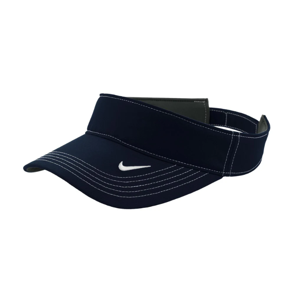 A navy blue visor with a branded logo and contrast stitching, designed for sun protection.