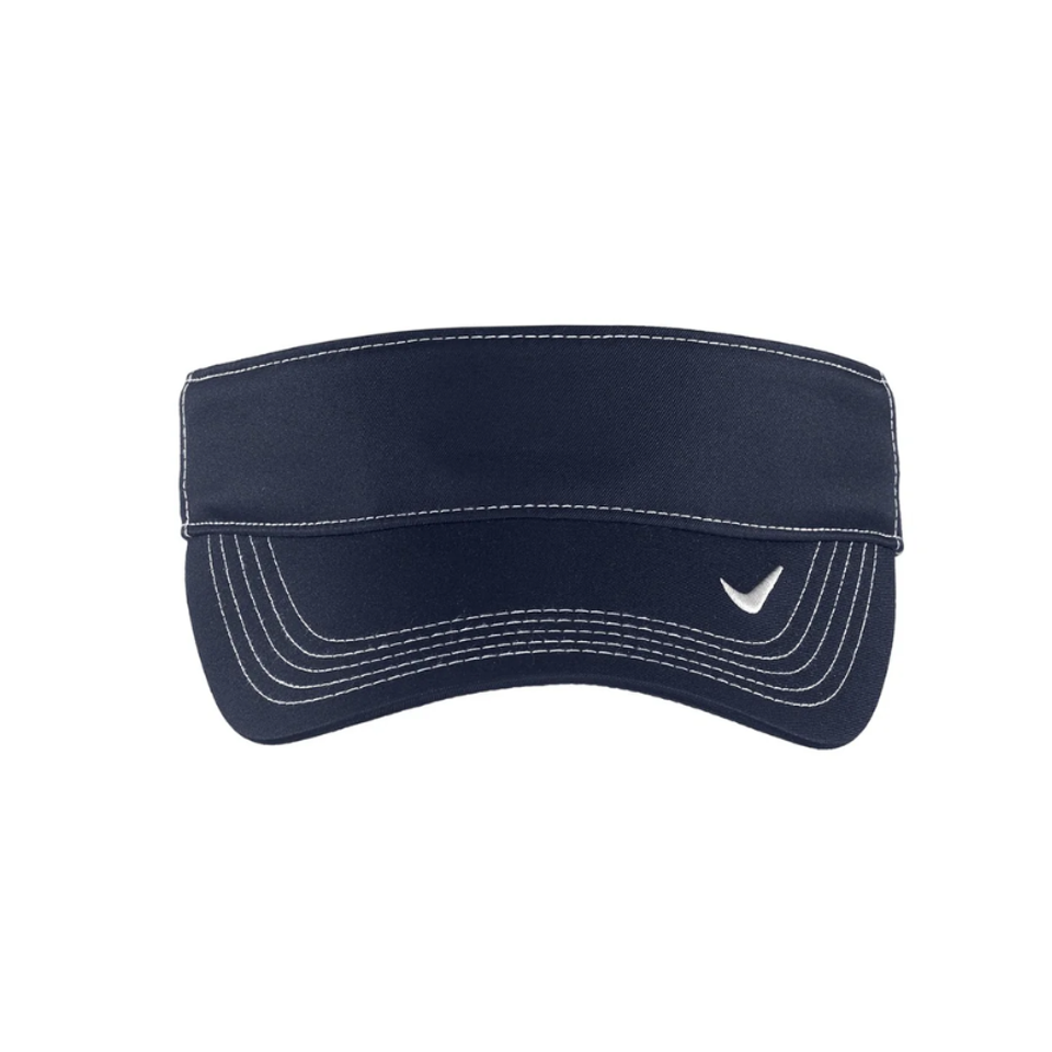 A navy visor featuring a white logo, designed for headwear purposes with stitched detailing.