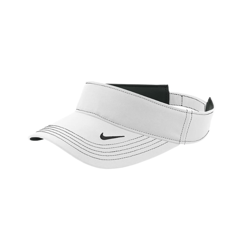 A white Nike Dri-FIT Swoosh visor featuring a sleek design and an adjustable strap at the back.