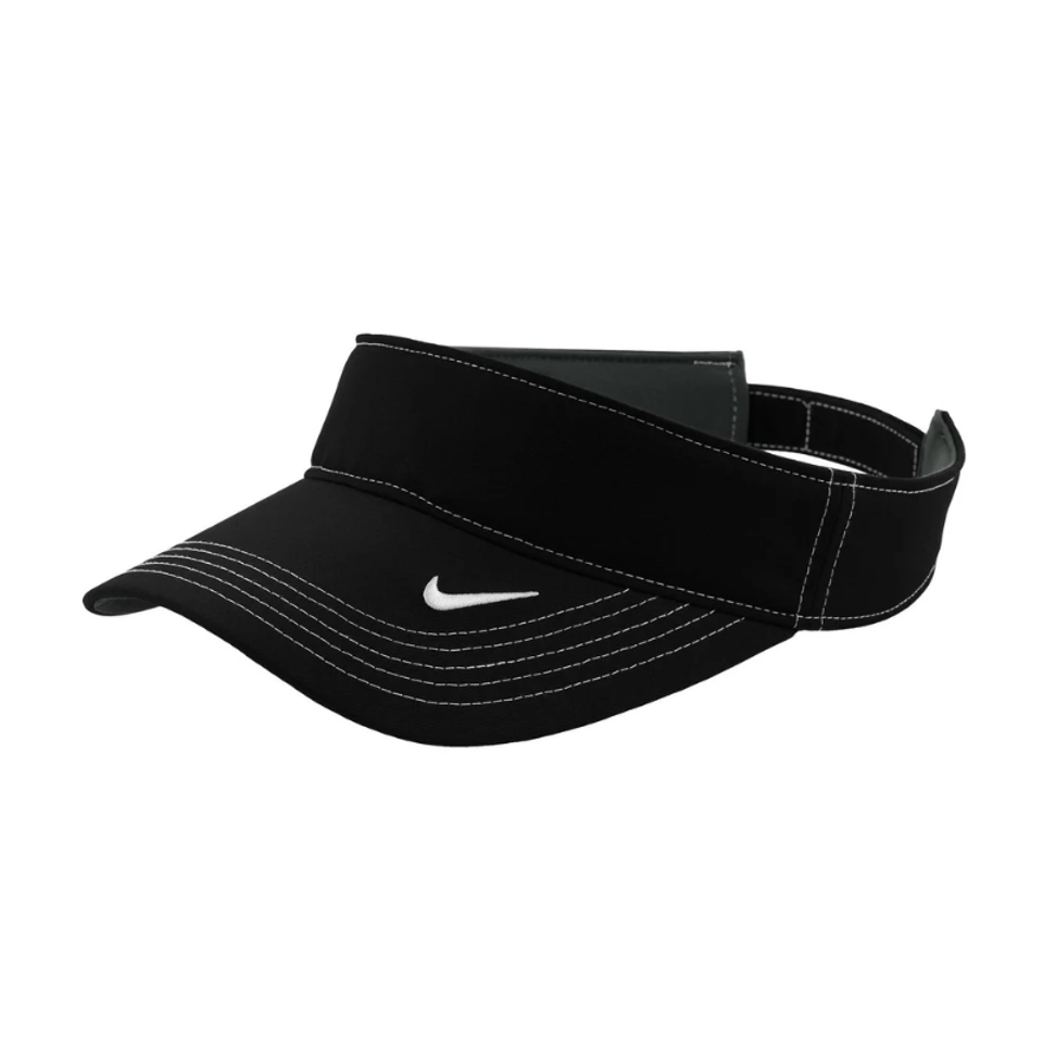 A black visor with white stitching and a brand logo. Designed for headwear, featuring a wide brim for sun protection.