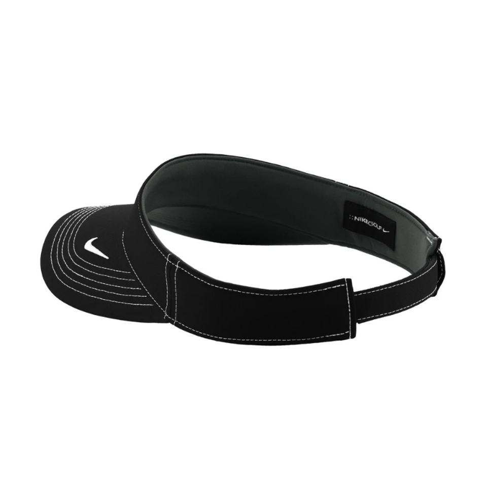 A black Nike Dri-FIT Swoosh visor with white stitching and a branded logo on the side.