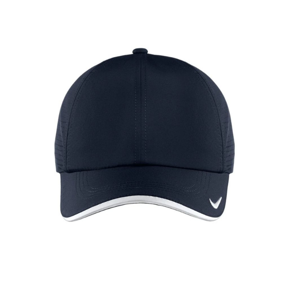 A navy cap with perforated panels and a contrasting white brim, featuring a logo on the front.