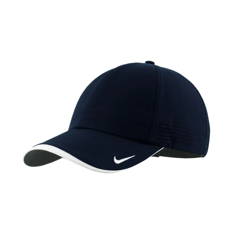 A navy perforated cap with white accents and a logo, designed for moisture management.
