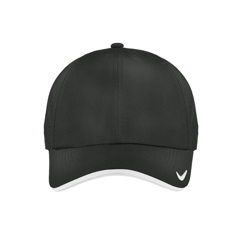 A dark grey cap with perforated panels and a contrasting white brim, featuring a logo on the front.