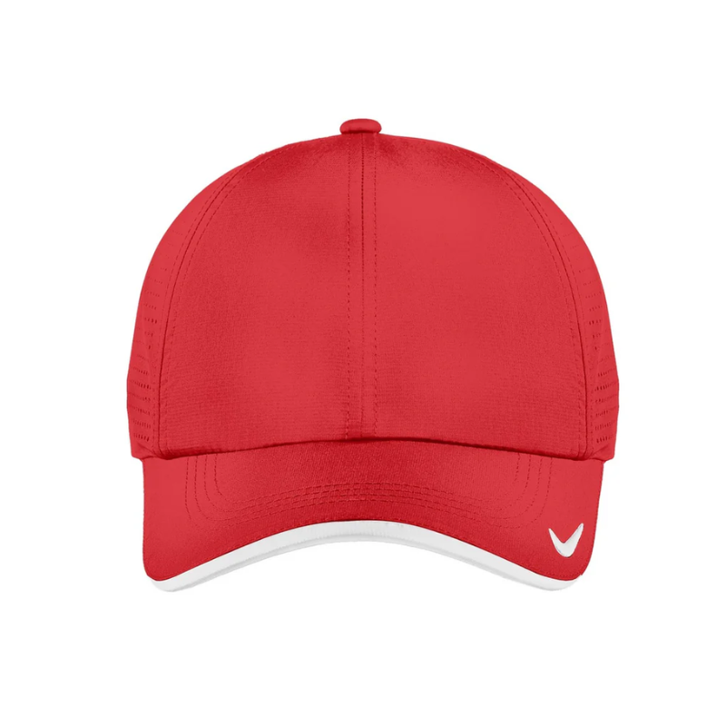 A red cap with perforated sides and a white underside to the brim, featuring a logo on the front.