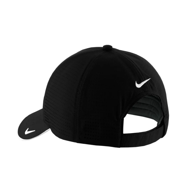 A black perforated cap with a branded logo, featuring a curved visor and adjustable strap at the back.