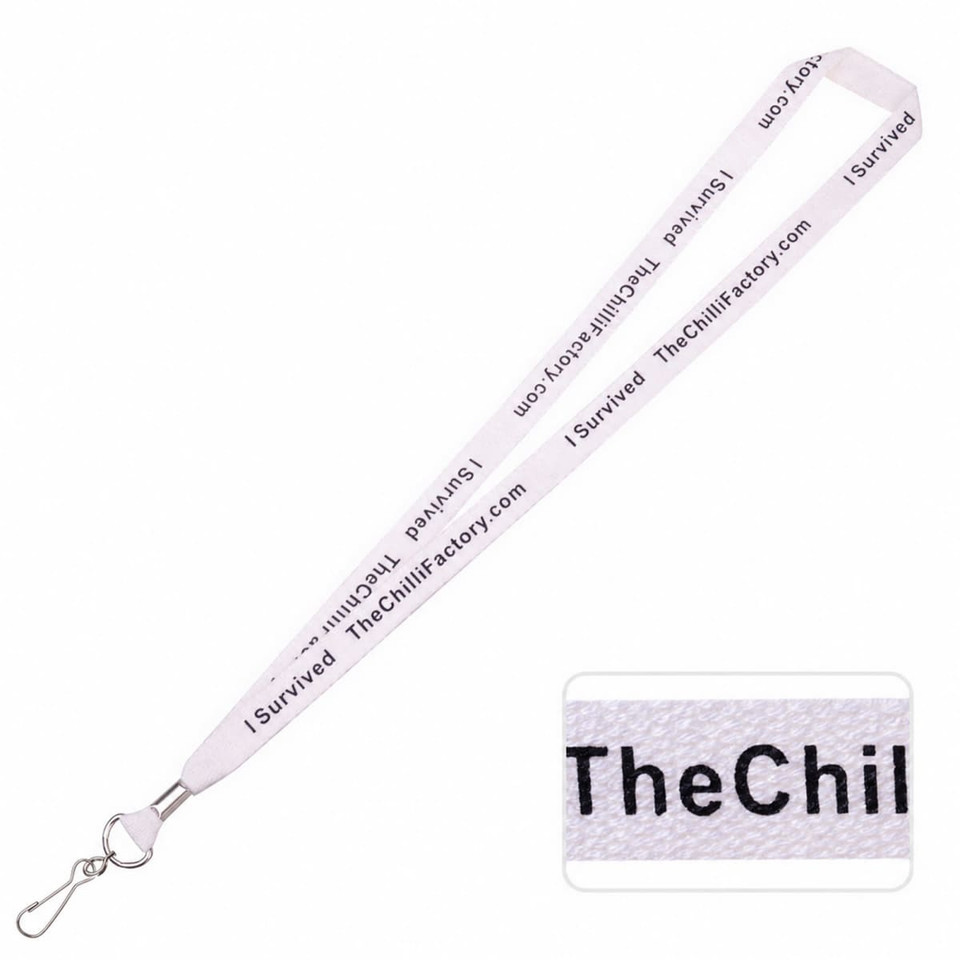 A white ribbed lanyard with a silver clasp and repeating text pattern, featuring a logo.