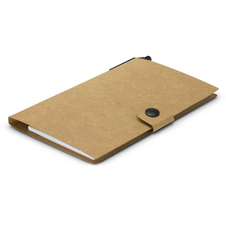 A tan notebook wallet featuring a button closure and a pen, designed for office and business use.