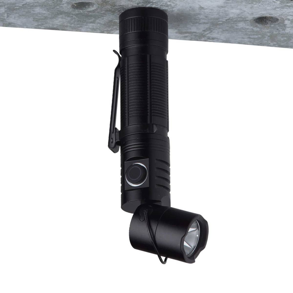 A black FlexLight Torch with an adjustable head and a clip for attachment, designed for portable lighting.