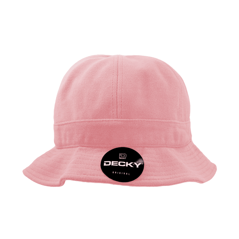 A pink bucket hat with a branded logo on the front, featuring a wide brim and soft fabric.